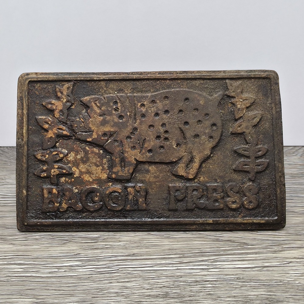 Vintage Cast Iron Bacon Press with Wooden Handle and Pig Design